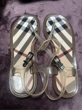 Burberry Clear Strap Sandals with Black, White & Burgundy Plaid Insole